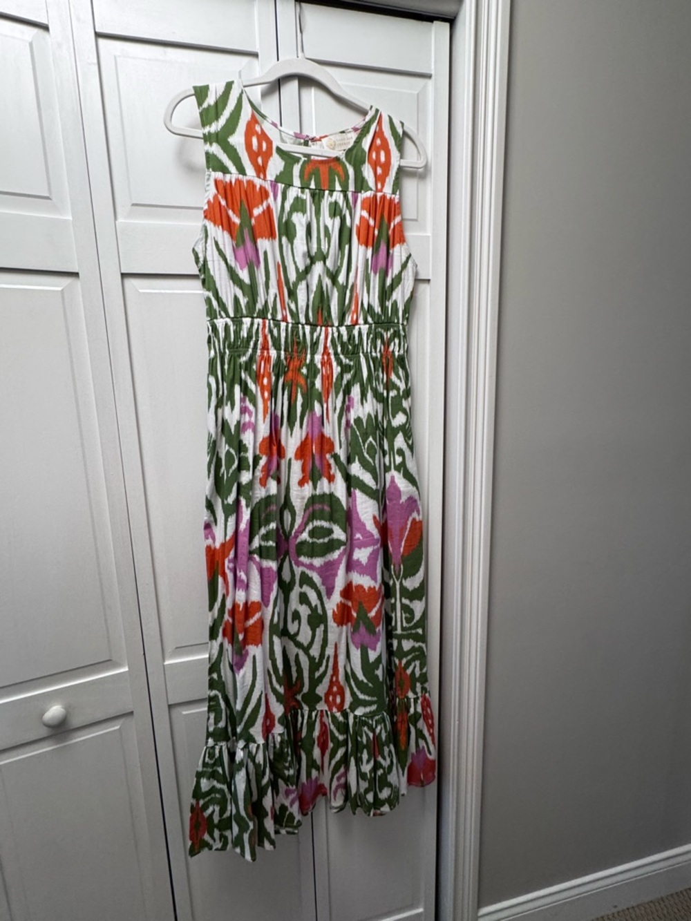 Sheridan French - Vibrant Ikat Print Sleeveless Maxi Dress - Green, Orange, Pink